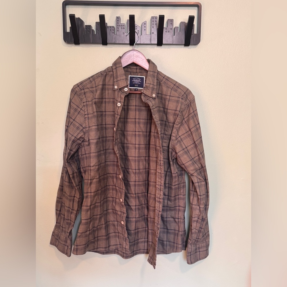 Charles Tyrwhitt Twill Casual Button Down Shirt Olive Green/Blue Plaid